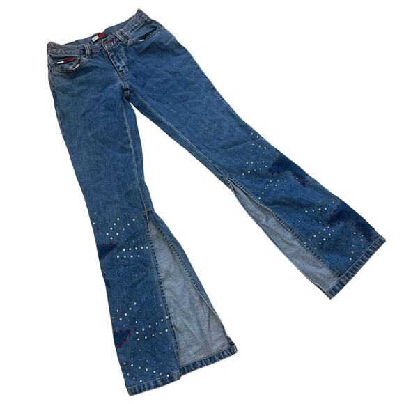 TOMMY JEANS Y2K Low Rise Rhinestone Split Flare Denim Stars Logo Retro Size 0 - Picture 1 of 13